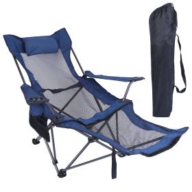 1Pc Foldable Camping Chair 330LBS Load Heavy Duty Steel Lawn Chair Collapsible Chair With Reclining Backrest Angle Cup Holder Pillow Side Pocket (Color: Blue)